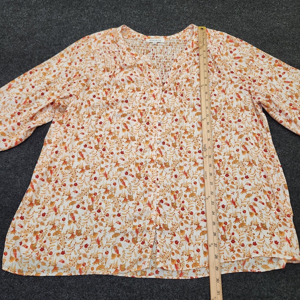 Rose+Olive Womens Plus 2X Cream Orange Fall Floral Faux Button Shirt Cottagecore - Picture 3 of 6
